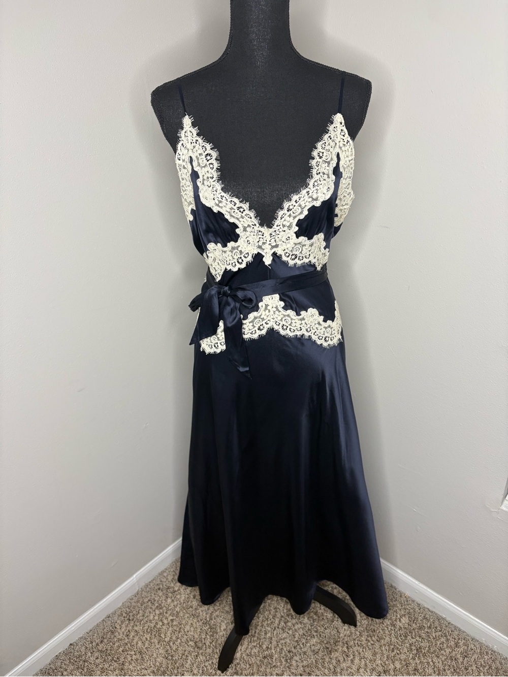 Doen Navy Satin Slip Dress with Ivory Lace - Picture 2 of 7